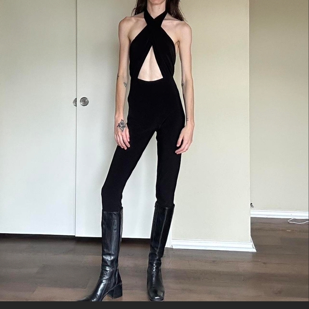 Norma Kamali Black Halter Cutout Jumpsuit
